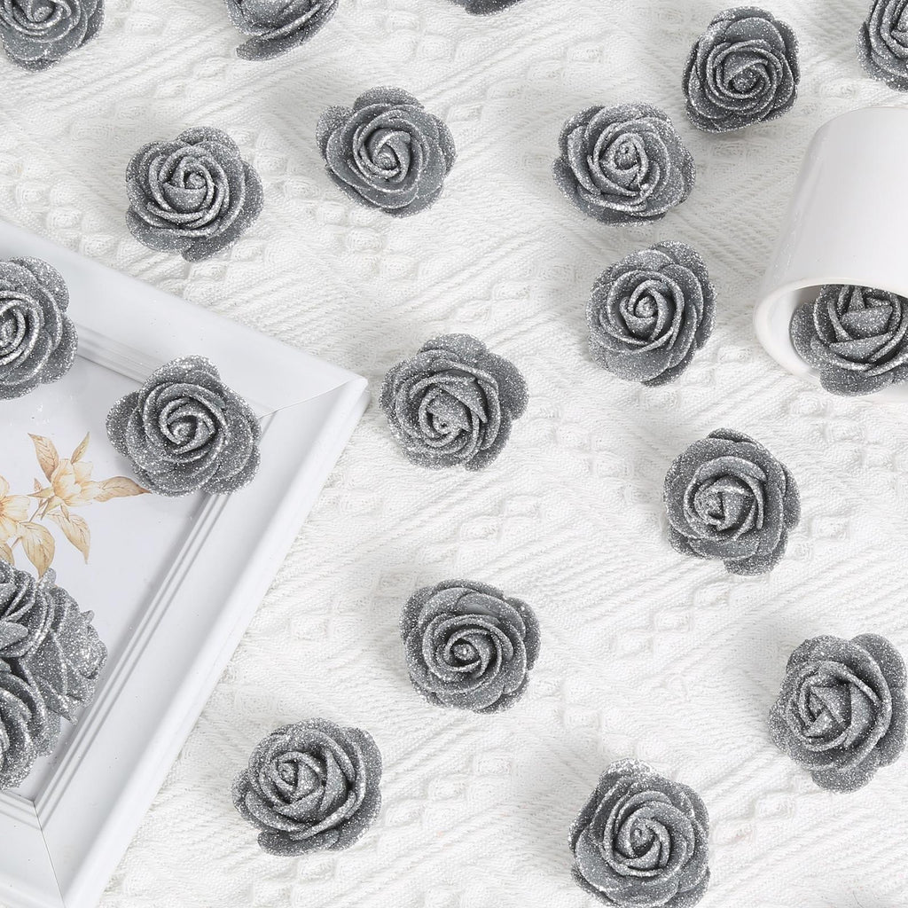 Glitter Artificial Roses 60pcs with Stems | Wedding Bouquet Cake Topper Party & Home Decor in Gold Grey Red