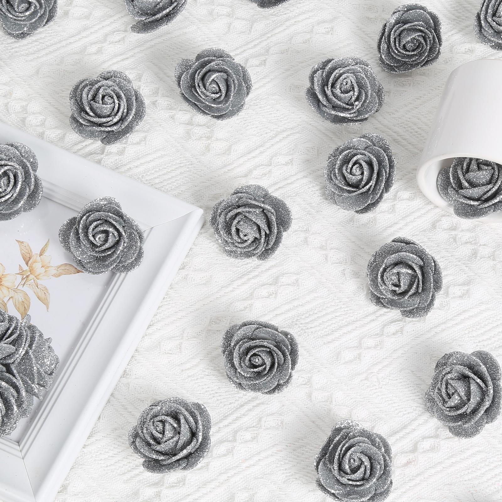 Glitter Artificial Roses 60pcs with Stems | Wedding Bouquet Cake Topper Party & Home Decor in Gold Grey Red