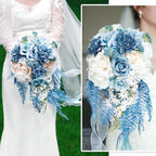 Boho Rustic Artificial Wedding Toss Bouquet | Blue Faux Flower for Ceremony Anniversary Bridal Keepsake & All Seasons