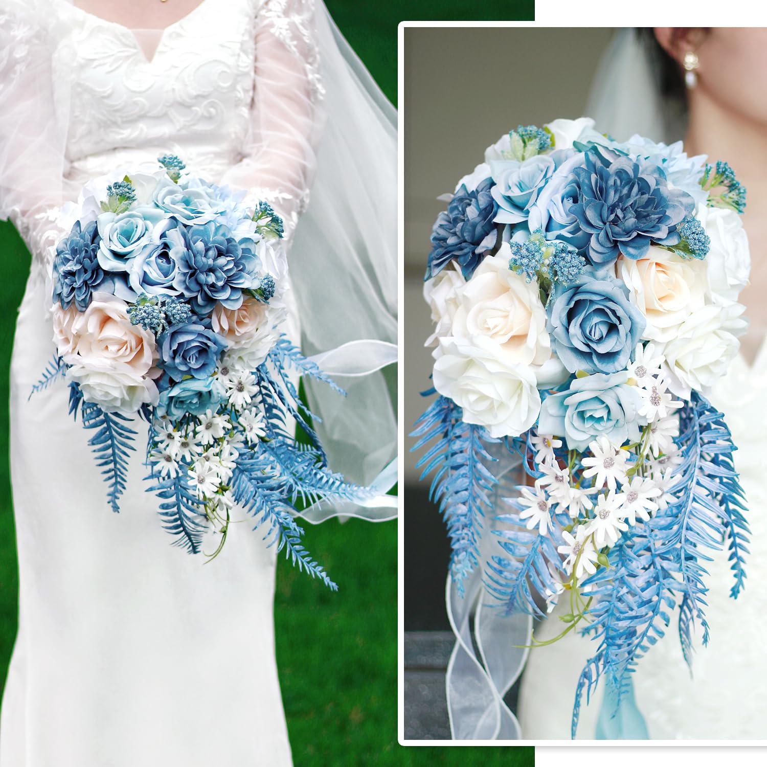 Boho Rustic Artificial Wedding Toss Bouquet | Blue Faux Flower for Ceremony Anniversary Bridal Keepsake & All Seasons
