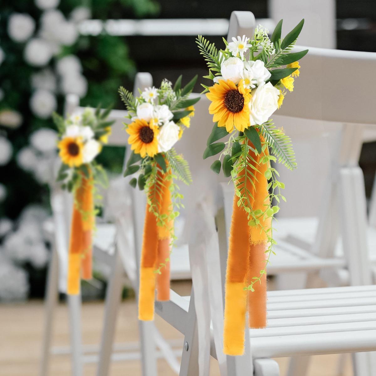 Artificial Flower Chair Decorations with Chiffon Ribbons 4pcs | Wedding Ceremony Banquet & Party Chair Decor in 10 Colors
