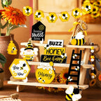 Summer Tiered Tray Decor Set | Honey Bee Gnome Wooden Signs & Yellow Truck for Farmhouse Kitchen Home Party