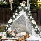 Artificial Eucalyptus Willow Leaf Garland with White Flowers | Wedding Table Runner Backdrop Party & Home Decor in Orange Red Blue White