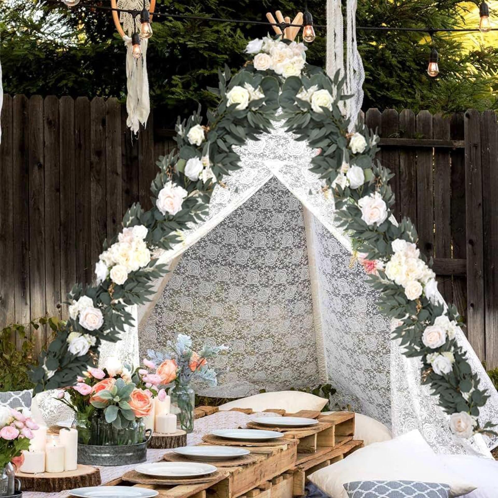 Artificial Eucalyptus Willow Leaf Garland with White Flowers | Wedding Table Runner Backdrop Party & Home Decor in Orange Red Blue White