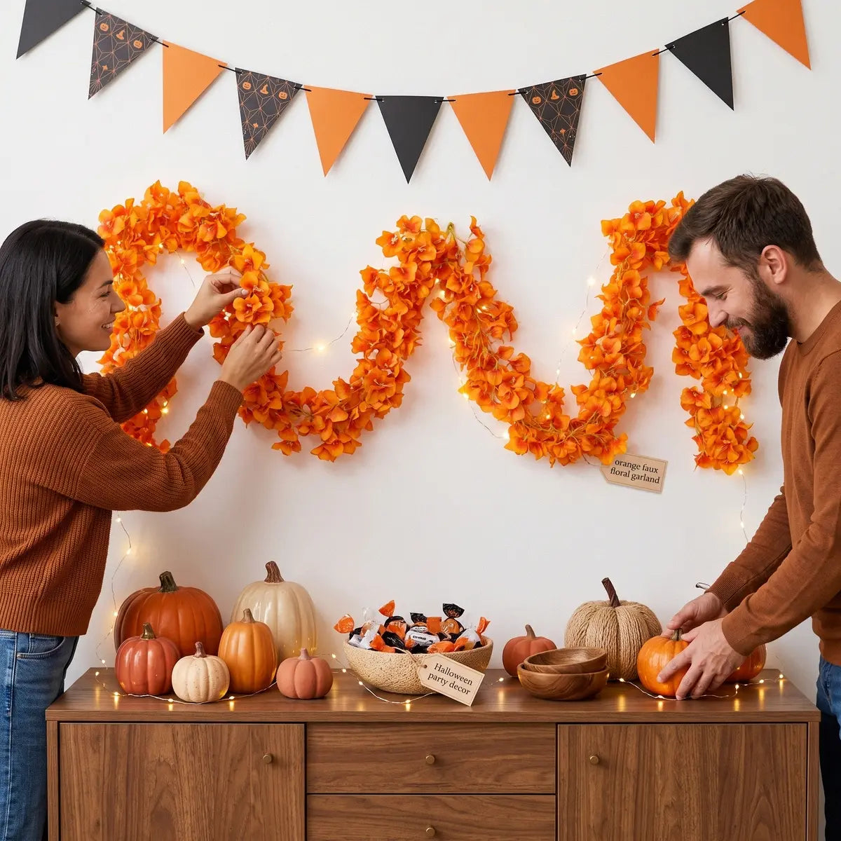 Couple arranging orange artificial bougainvillea garland on wall with fairy lights for Halloween party decor, pumpkins and candy on sideboard
