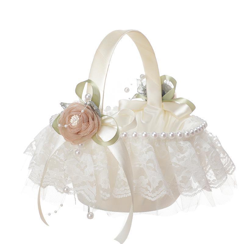 Wedding Flower Girl Basket with Pearl Handle | Satin Petal Basket for Wedding Ceremony Bridal Shower & Home Decor in Beige White