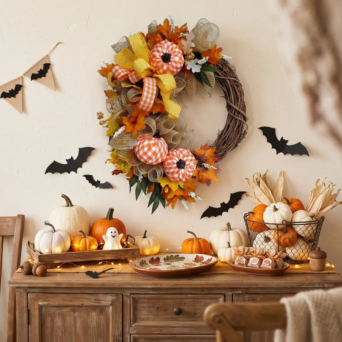 Fall pumpkin wreath with yellow bow and maple leaves on Halloween decorated wall with bat cutouts, pumpkins and ghost figurines on rustic sideboard