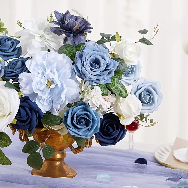 Navy blue bulk faux flowers arranged for wedding centerpiece