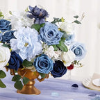 Navy blue bulk faux flowers arranged for wedding centerpiece