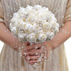 Luxury Rhinestone & Pearl Bridal Bouquet | Wedding Flowers for Bride & Bridesmaid in White & Pink