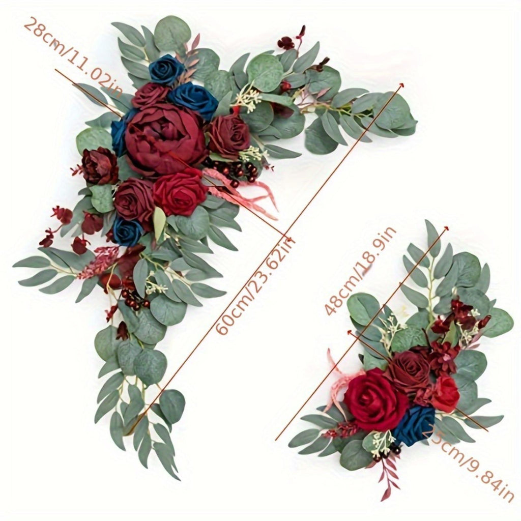 Wedding Arch Artificial Flowers 2pcs | Hanging Four Corner Sign Arrangement for Ceremony Backdrop & Bridal Decor in Red Purple