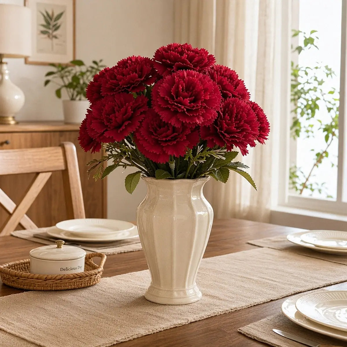 3pcs artificial red carnation flowers in cream ceramic vase as dining table centerpiece, farmhouse home décor