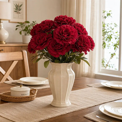 3pcs artificial red carnation flowers in cream ceramic vase as dining table centerpiece, farmhouse home décor