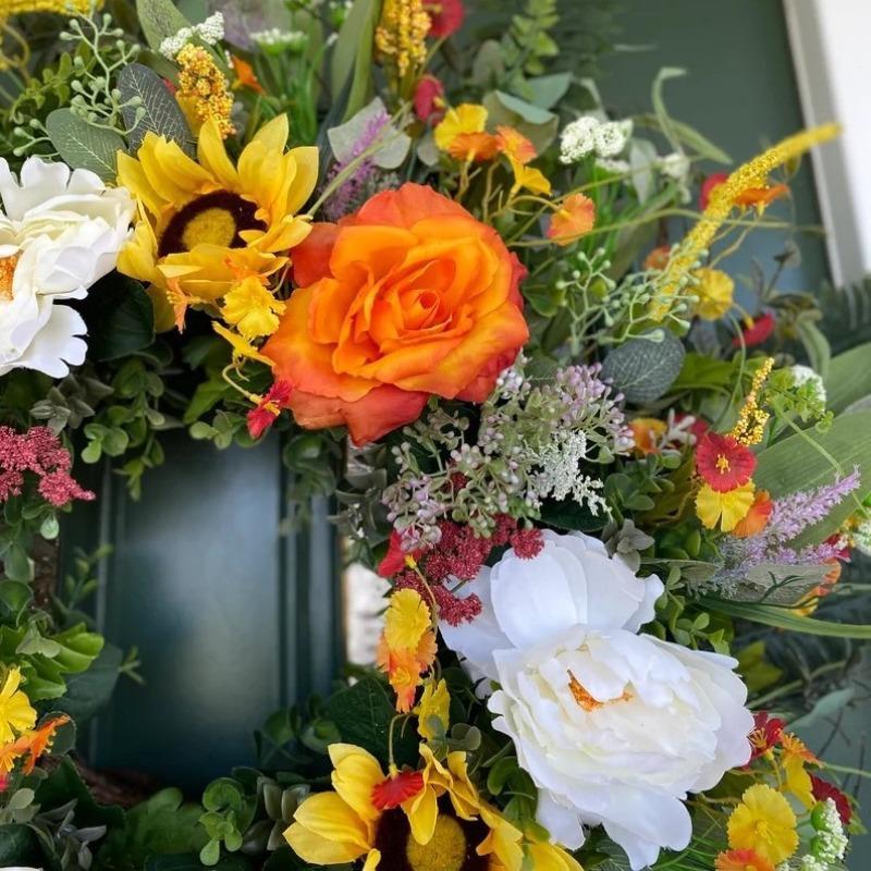 Colorful Artificial Floral Wreath with Sunflower and Green Leaves | Front Door Wall Spring Summer Party & Graduation Decor