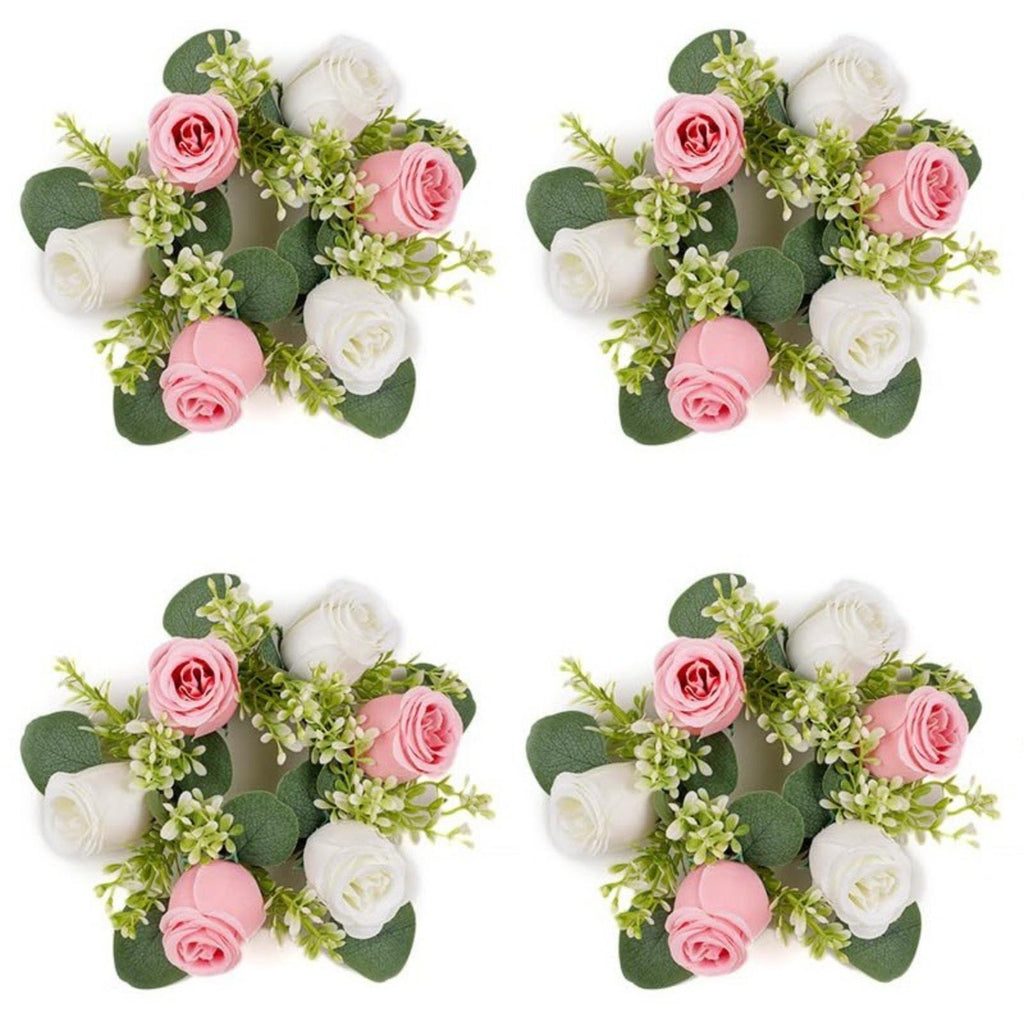 Artificial Flowers Candle Rings: 4 Pcs 14 Inch Diam Large Dusty Rose & White Roses Wreath Wedding Centerpieces for Tables Spring Summer Wreath for Front Door Weddings Party Ceremony Decor