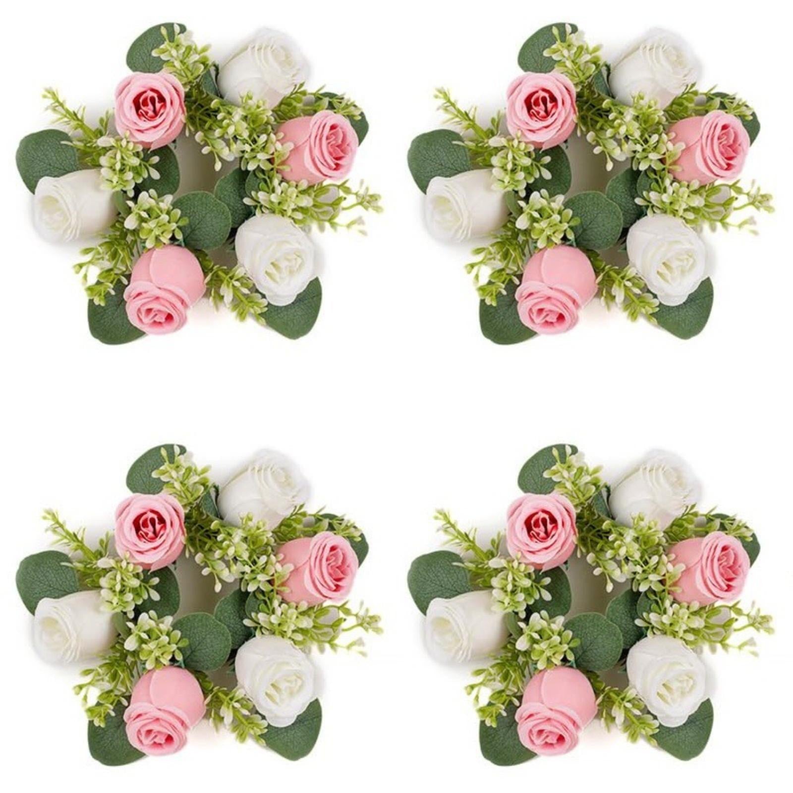 Artificial Flowers Candle Rings: 4 Pcs 14 Inch Diam Large Dusty Rose & White Roses Wreath Wedding Centerpieces for Tables Spring Summer Wreath for Front Door Weddings Party Ceremony Decor