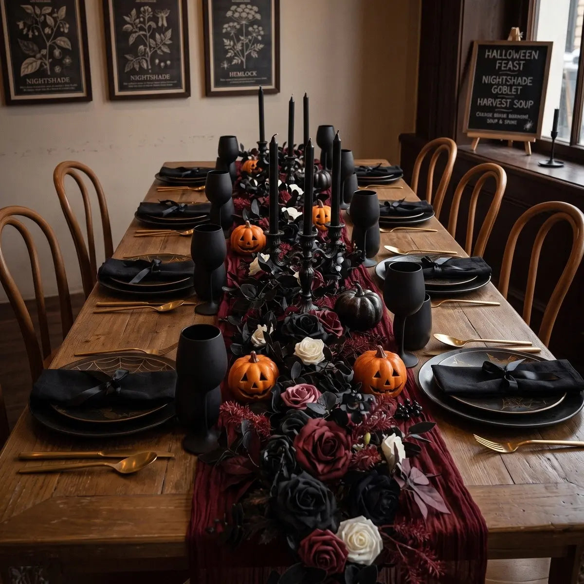Black Artificial Eucalyptus Rose Garland Styled as Gothic Wedding Table Runner with Candles
