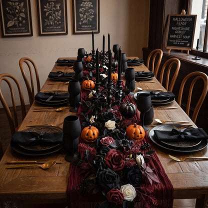 Black Artificial Eucalyptus Rose Garland Styled as Gothic Wedding Table Runner with Candles
