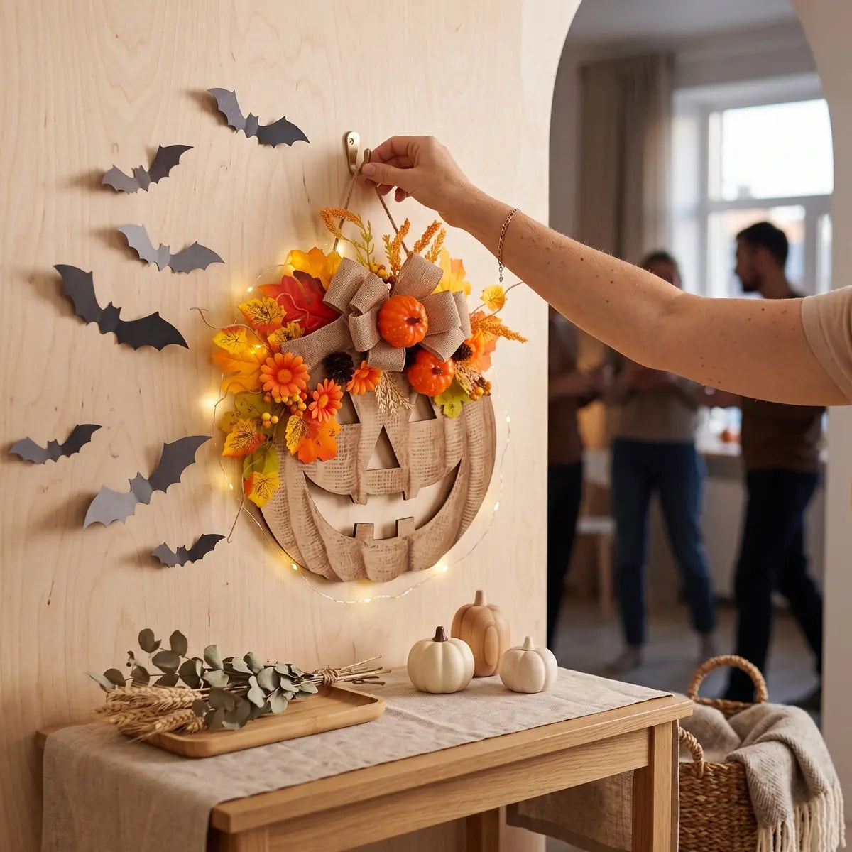 Person hanging a burlap pumpkin wreath on a wall decorated with bat silhouettes for Halloween farmhouse decor