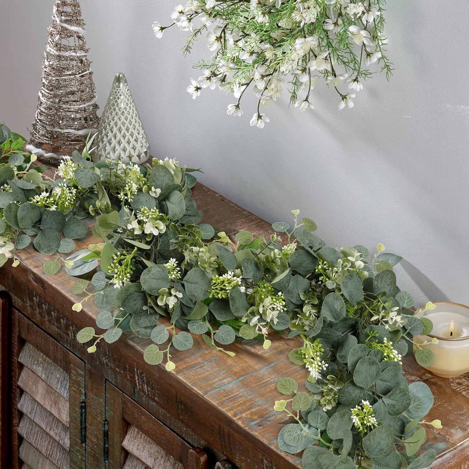 Artificial Eucalyptus Grapevine Garland 2pcs with White Flowers | Wedding Arch Party Backdrop & Home Decor