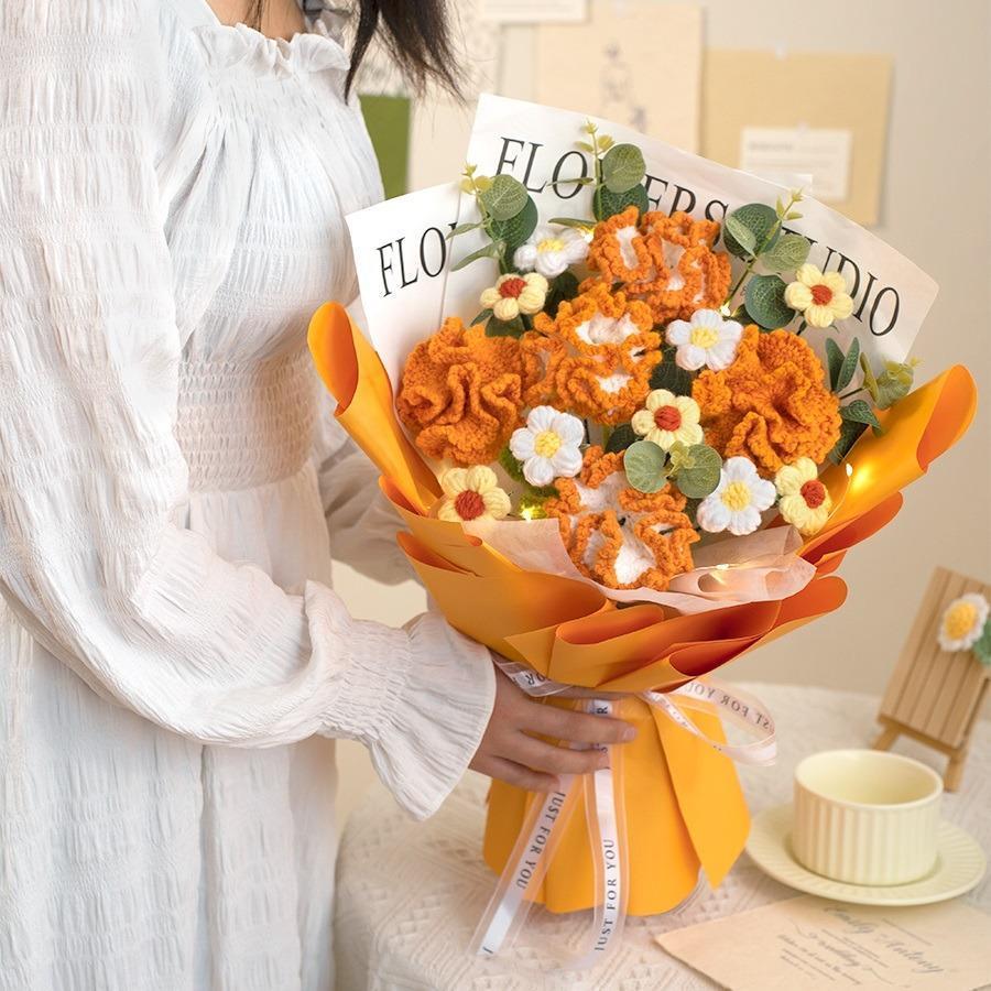 Wrapped Crochet Flowers Bouquet with Crochet Flowers, Crochet Sunflower, Lily Bouquet for Home Decor, Graduation Gifts, Gift for Women