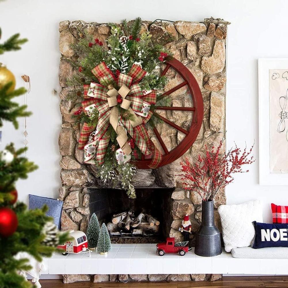 Farmhouse Wagon Wheel Christmas Wreath | Rustic Front Door Holiday Decor with Ribbon Bow & Berry Accents