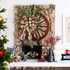 Farmhouse Wagon Wheel Christmas Wreath | Rustic Front Door Holiday Decor with Ribbon Bow & Berry Accents