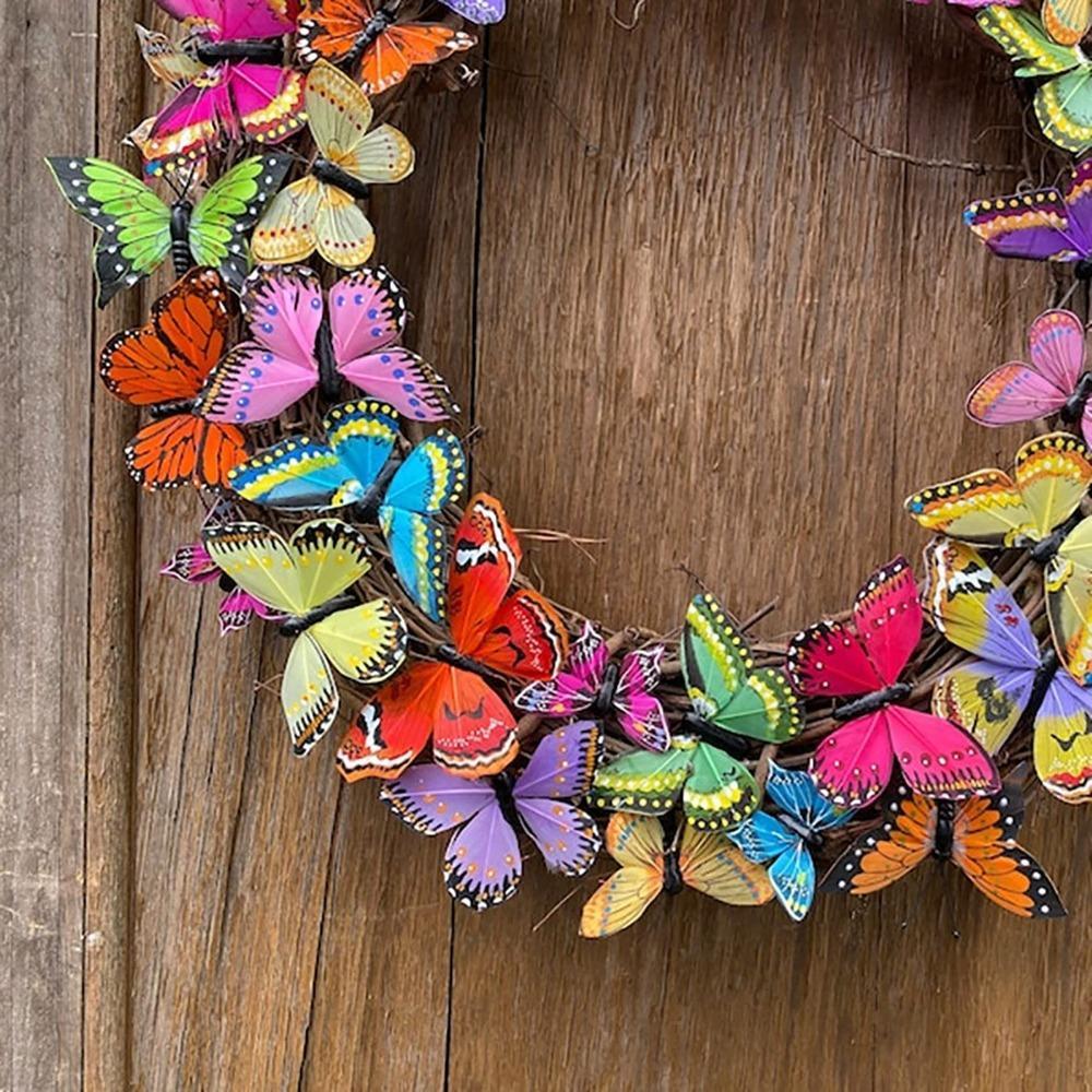Butterfly Front Door Wreath | Red Orange Yellow Artificial Tulip Rattan Vine Door & Wall Mount Easter Spring Decor