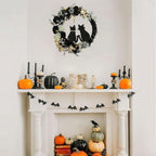 Halloween Black Cat Moon Wreath with Rose Flowers | Front Door Wall Window & Party Decor in White Orange Purple