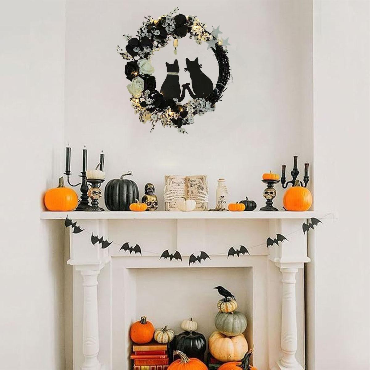 Halloween Black Cat Moon Wreath with Rose Flowers | Front Door Wall Window & Party Decor in White Orange Purple