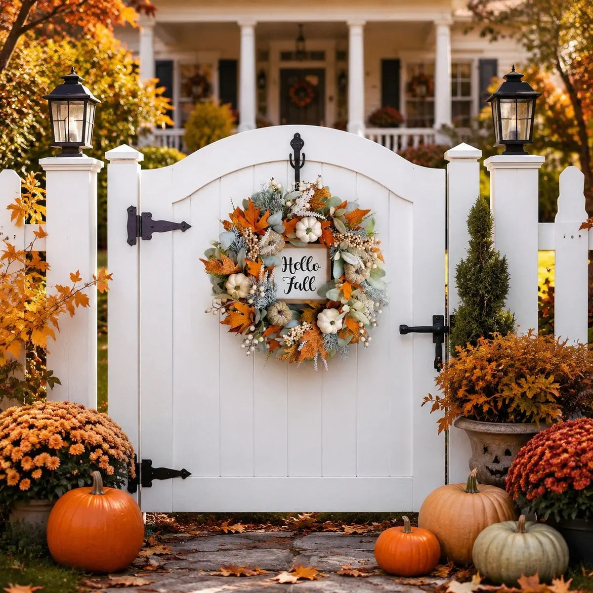 Thanksgiving fall wreath with eucalyptus and pumpkins hanging on a white front door with potted plants and seasonal porch styling