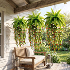 Artificial Hanging Fern Plant with Red and White Flower Vines Fake Boston Fern Wall Basket Greenery for Home Garden Patio Porch Ceiling Decor