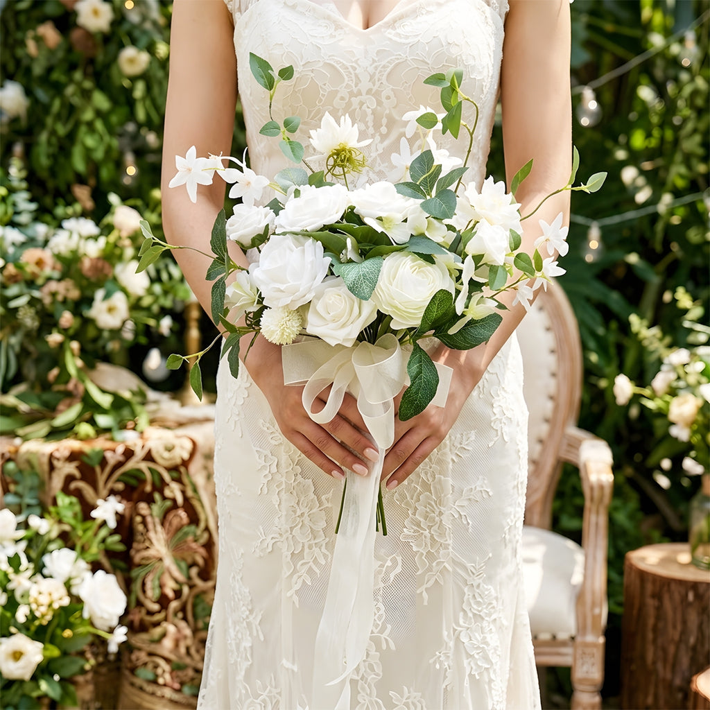 White Artificial Rose Bridal Bouquet | Wedding Toss Bouquet Bride Bridesmaid Flowers