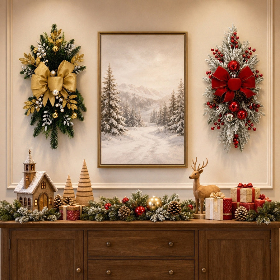 Christmas Teardrop Swag Wreath with Bow – 24in