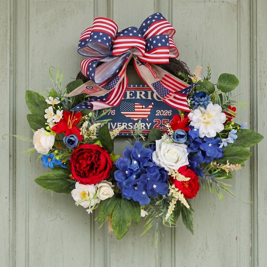250th Anniversary Patriotic Wreath USA 1776-2026 | Red White Blue Rose & Flag Bow Front Door Decor for 4th of July Memorial Day Home Porch Wall Art