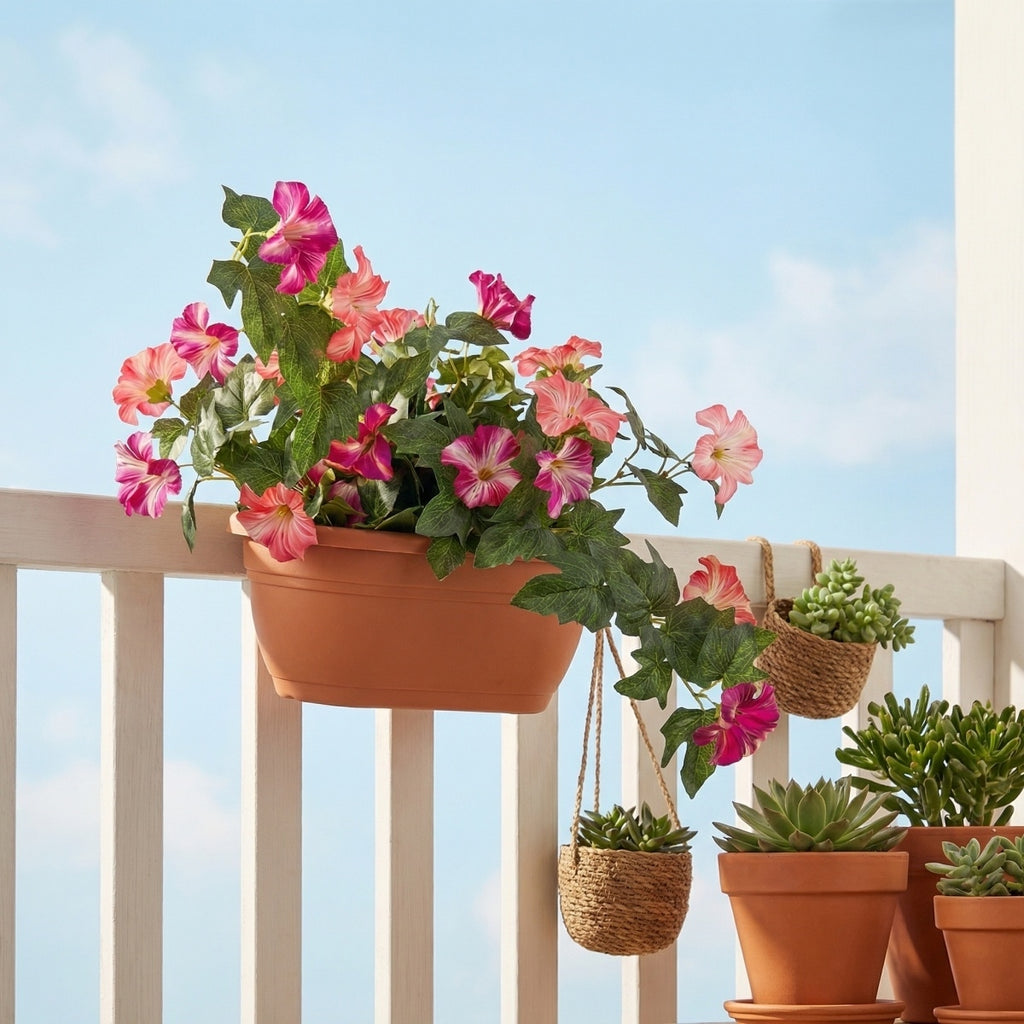 Artificial Hanging Flowers Plants with Basket for Outdoors, Artificial Petunias UV Resistant Petunias Fake Flowers for Outdoor Garden Porch Balcony Decoration
