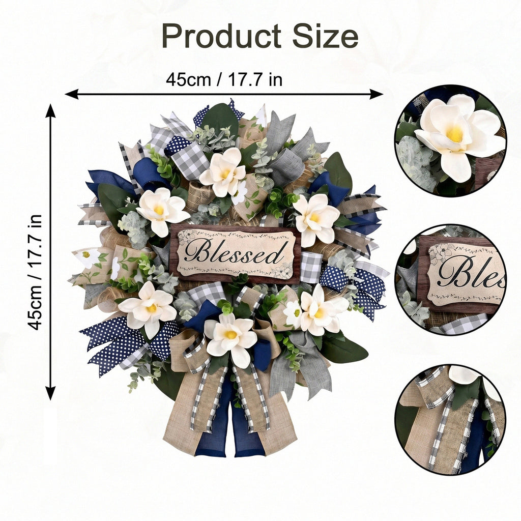 Farmhouse Blessed Wreath for Front Door | Wooden Sign Navy Blue Burlap Ribbon & White Flower Wreath for Home Wall Porch & Entryway Decor