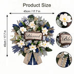 Farmhouse Blessed Wreath for Front Door | Wooden Sign Navy Blue Burlap Ribbon & White Flower Wreath for Home Wall Porch & Entryway Decor