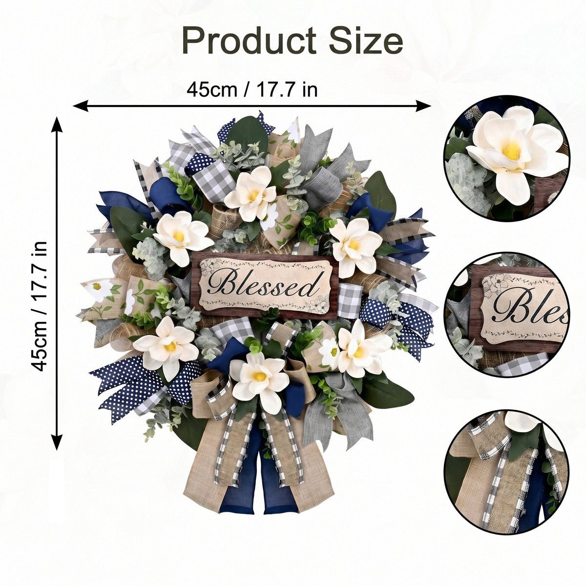 Farmhouse Blessed Wreath for Front Door | Wooden Sign Navy Blue Burlap Ribbon & White Flower Wreath for Home Wall Porch & Entryway Decor