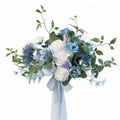 Dusty blue and white artificial bridal bouquet pre-made for rustic boho vintage wedding ceremony bride bridesmaid and toss bouquet