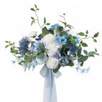 Dusty blue and white artificial bridal bouquet pre-made for rustic boho vintage wedding ceremony bride bridesmaid and toss bouquet