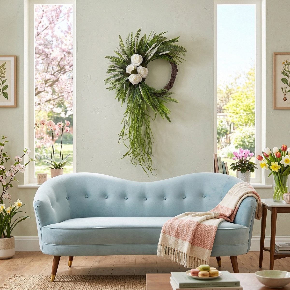 Bohemian Fern Wreath with White Rose Cascading Design Front Door Decor Spring Summer Home Wall Hanging Porch Art