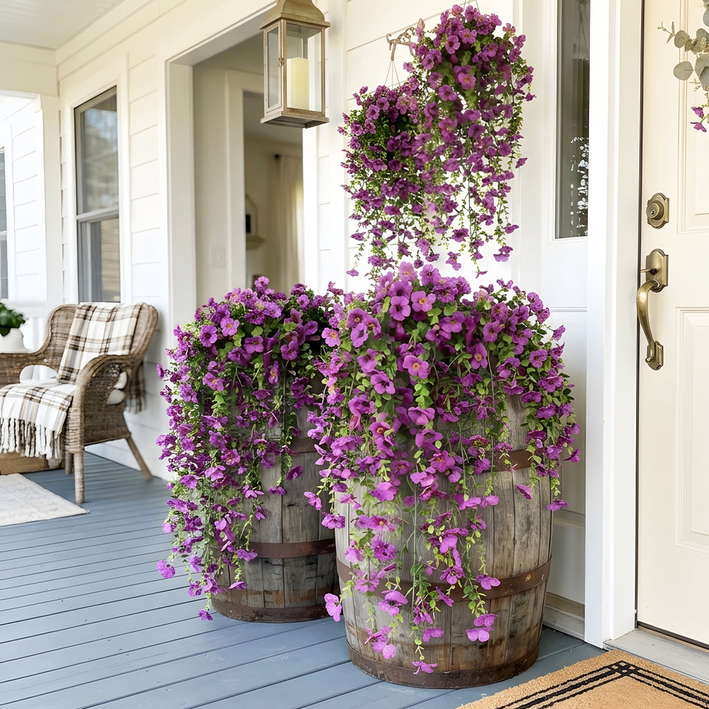 Artificial Hanging Flowers for Outdoors, Morning Glory Artificial Flowers with Eucalyptus Leaves, UV Resistant Fake Flower Realistic Faux Plants for Home Patio Porch Garden