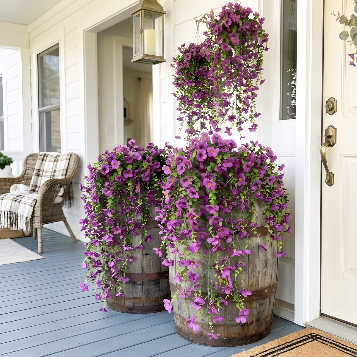 Artificial Hanging Flowers for Outdoors, Morning Glory Artificial Flowers with Eucalyptus Leaves, UV Resistant Fake Flower Realistic Faux Plants for Home Patio Porch Garden
