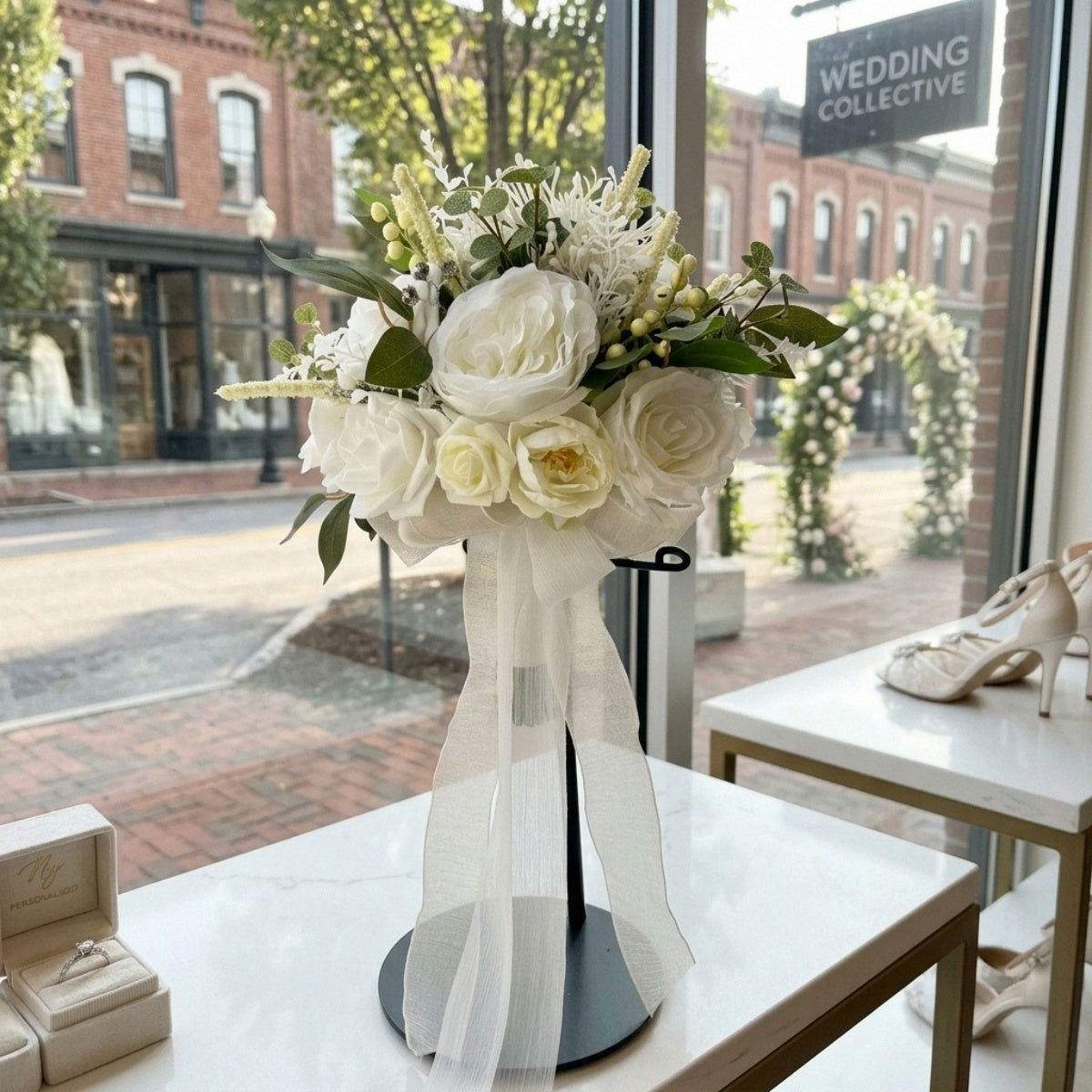 Artificial White Rose Bouquet with Green Leaves Wedding Bridal Flower Arrangement Home Table Decor