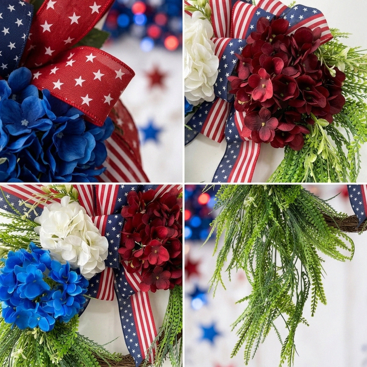 Patriotic Wreath Fourth of July Front Door Decor Red White Blue Hydrangea Wreath with Flag Bow Summer Holiday Wall Art for Home Porch