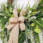 Farmhouse Front Door Wreath with Burlap Bow, Green Foliage & White Flowers for Spring Summer Rustic Home Porch & Wall Decor