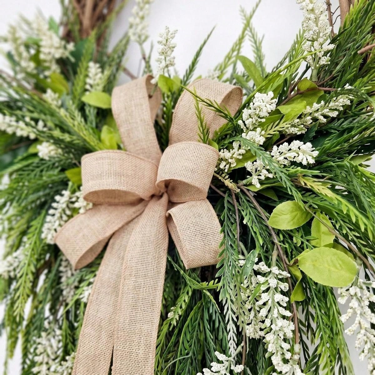 Farmhouse Front Door Wreath with Burlap Bow, Green Foliage & White Flowers for Spring Summer Rustic Home Porch & Wall Decor