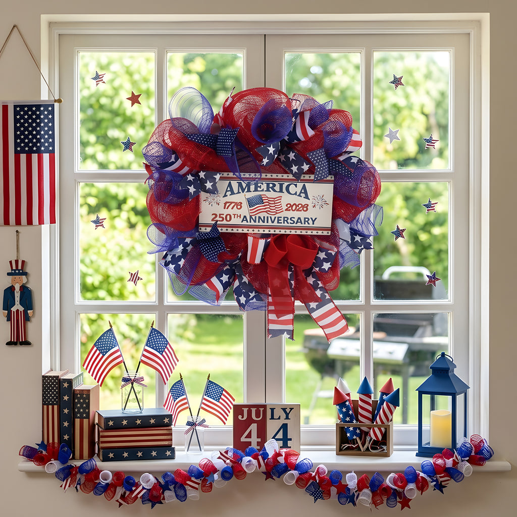 4th of july patriotic flag wreath arranged for front door window by IPOPU