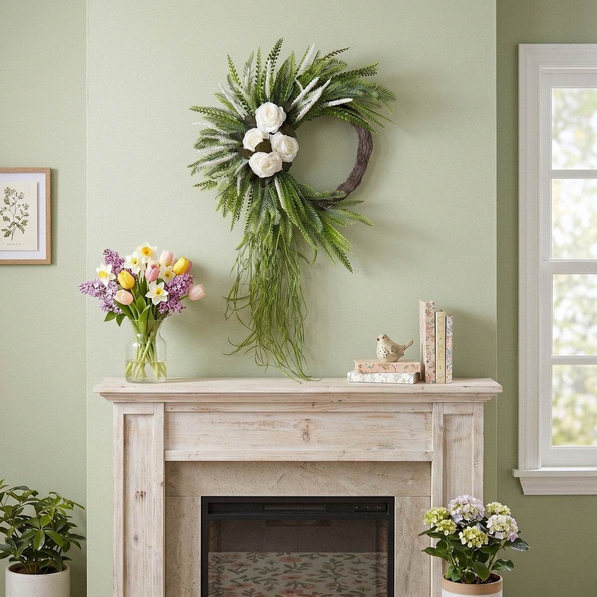 Bohemian Fern Wreath with White Rose Cascading Design Front Door Decor Spring Summer Home Wall Hanging Porch Art